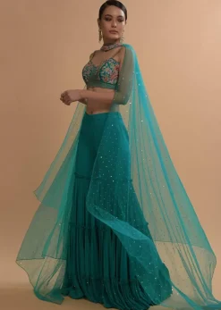Teal Sharara And Crop Top Set With Colorful Resham, Cut Dana And Moti Embroidered Spring Blooms