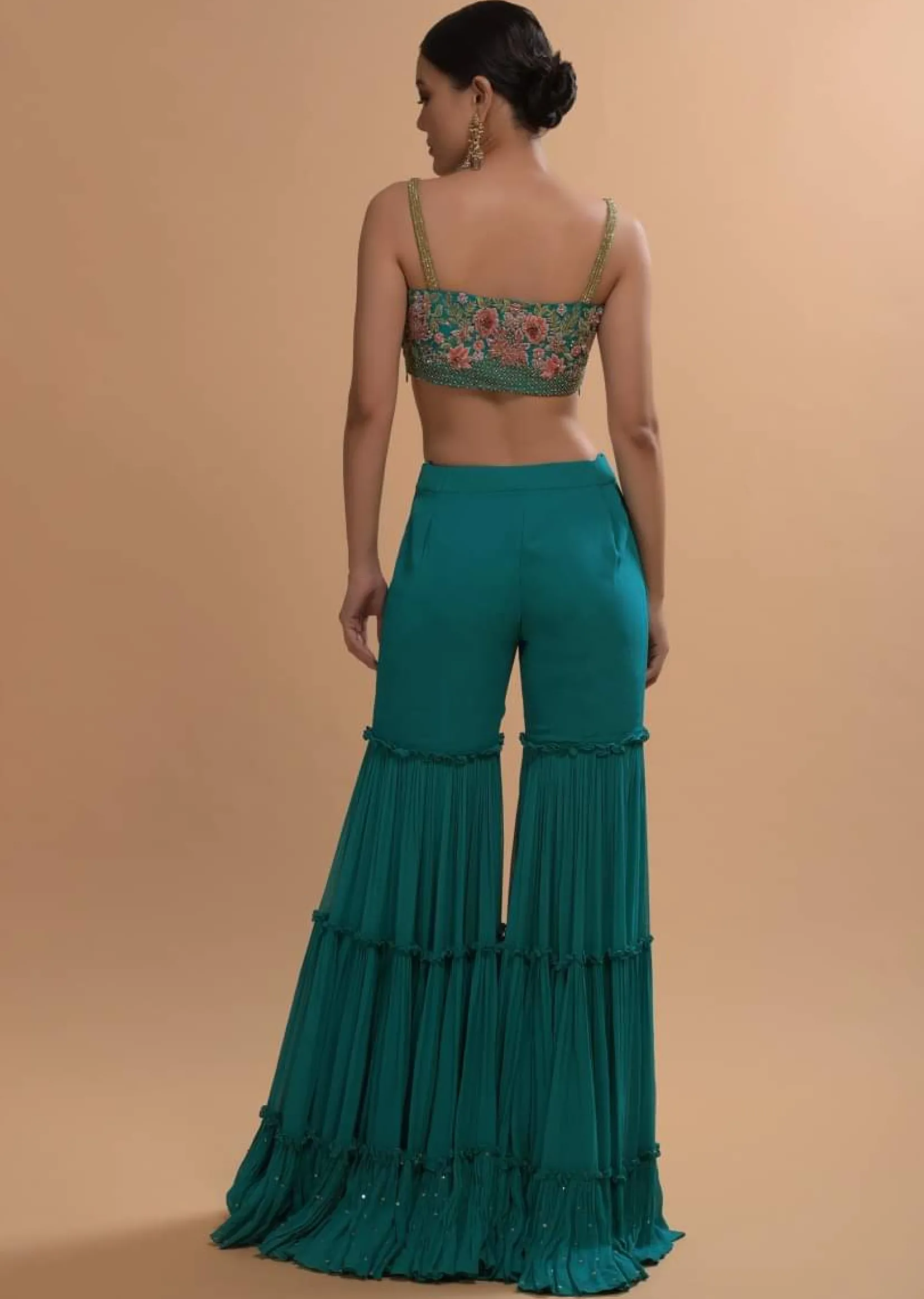 Teal Sharara And Crop Top Set With Colorful Resham, Cut Dana And Moti Embroidered Spring Blooms