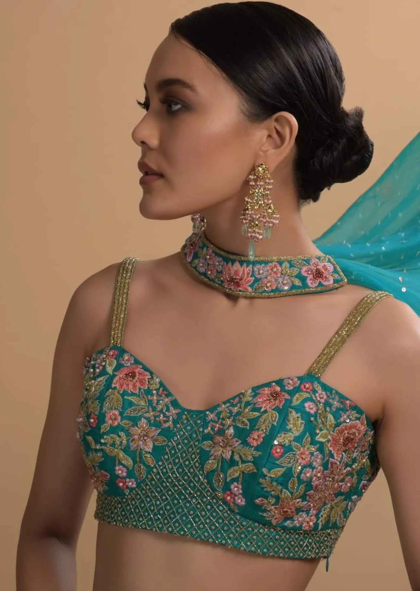 Teal Sharara And Crop Top Set With Colorful Resham, Cut Dana And Moti Embroidered Spring Blooms