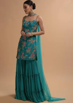 Teal Sharara Suit With Colorful Resham, Cut Dana And Moti Embroidered Spring Blossoms