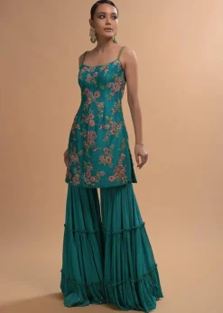 Teal Sharara Suit With Colorful Resham, Cut Dana And Moti Embroidered Spring Blossoms