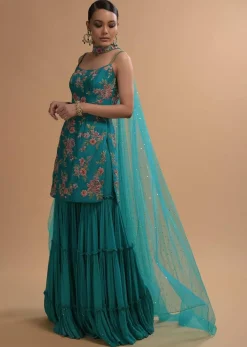 Teal Sharara Suit With Colorful Resham, Cut Dana And Moti Embroidered Spring Blossoms