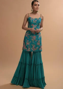 Teal Sharara Suit With Colorful Resham, Cut Dana And Moti Embroidered Spring Blossoms