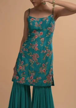 Teal Sharara Suit With Colorful Resham, Cut Dana And Moti Embroidered Spring Blossoms