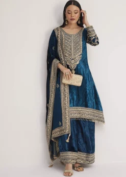 Teal Velvet Embroidered Palazzo Suit