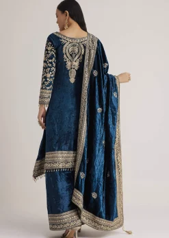 Teal Velvet Embroidered Palazzo Suit