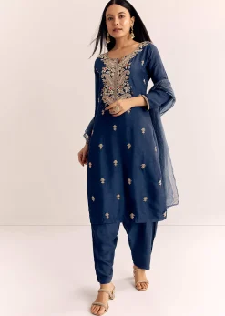 Teal Zardosi Work Kurta Pant With Dupatta