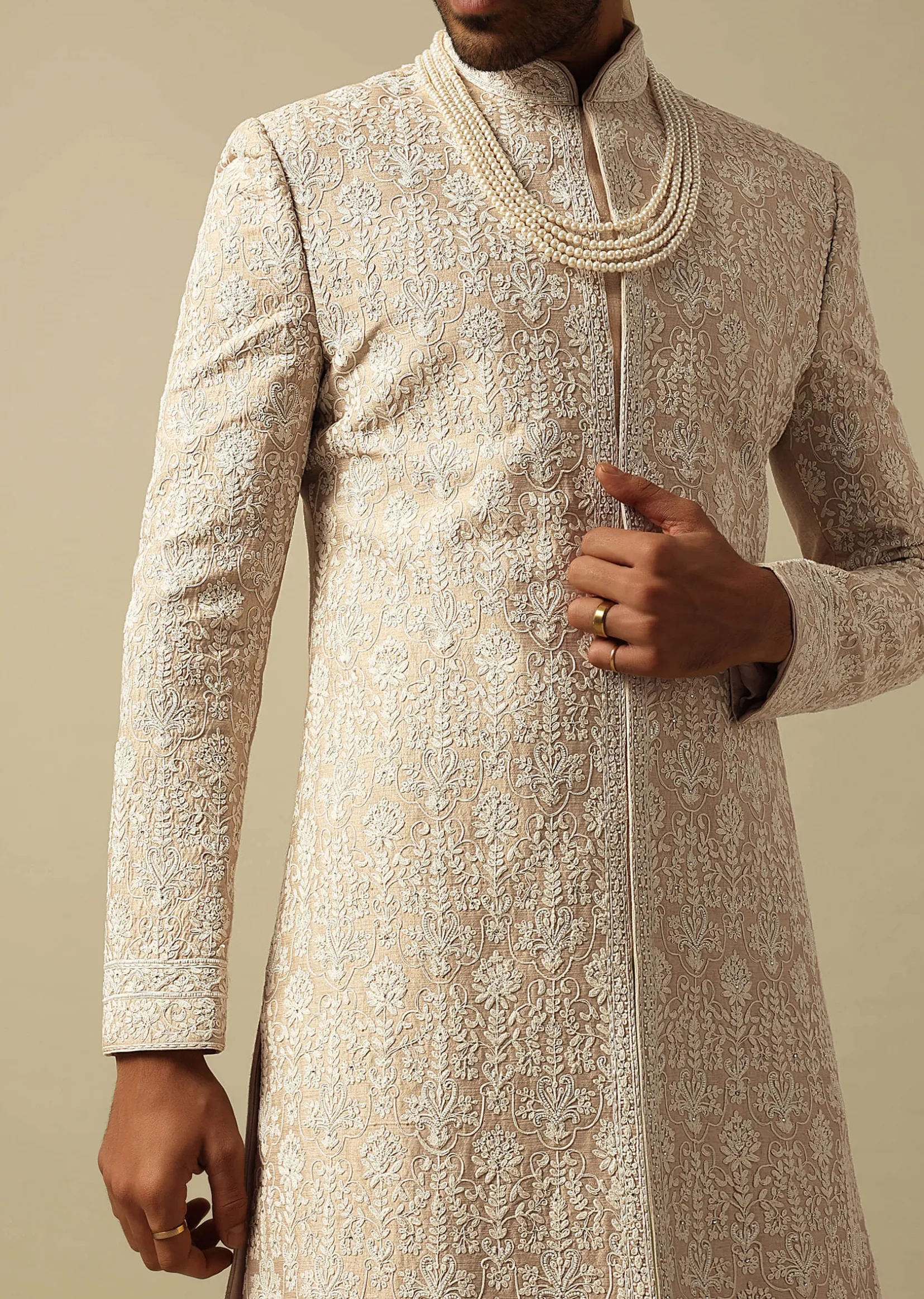 Timeless Beige Banarasi Silk Sherwani