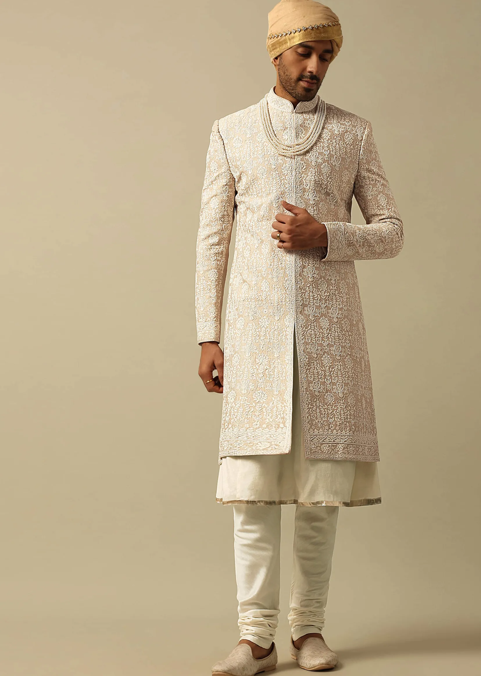 Timeless Beige Banarasi Silk Sherwani