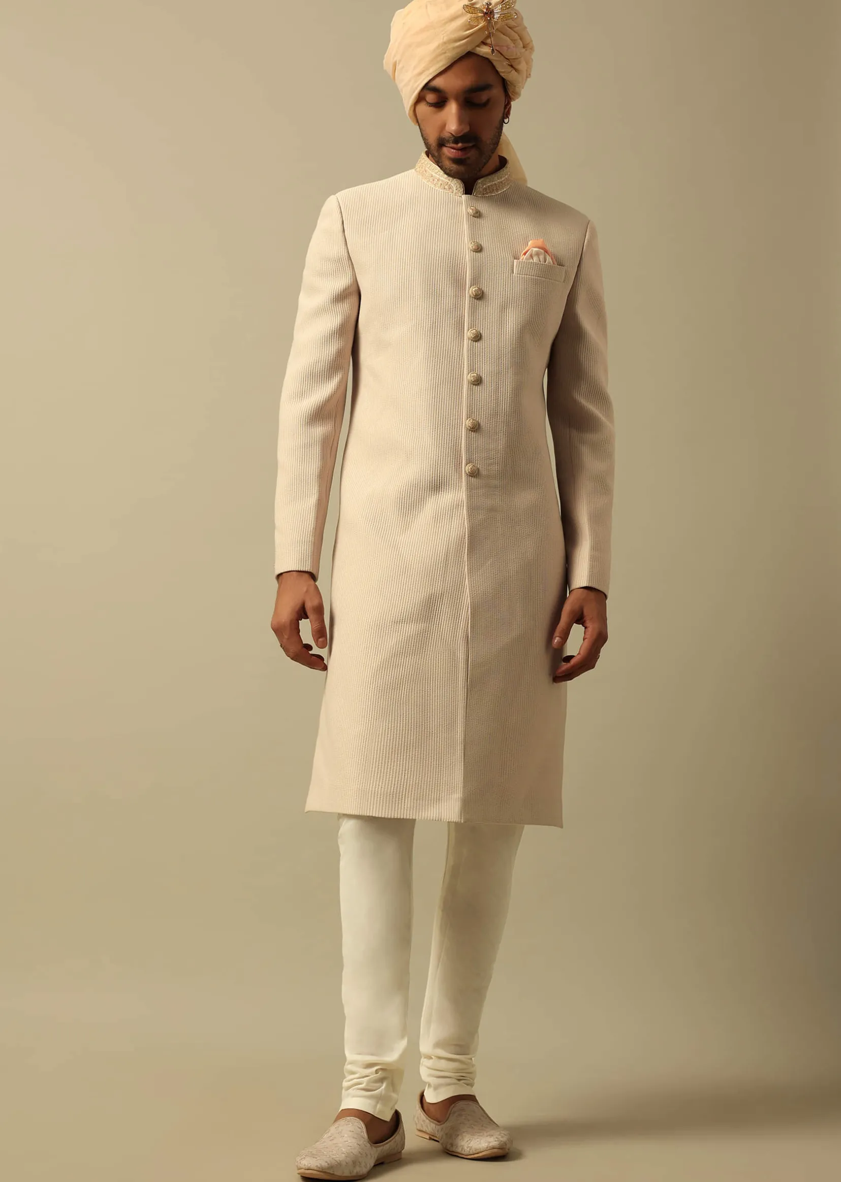 Timeless Beige Cotton Silk Sherwani Set