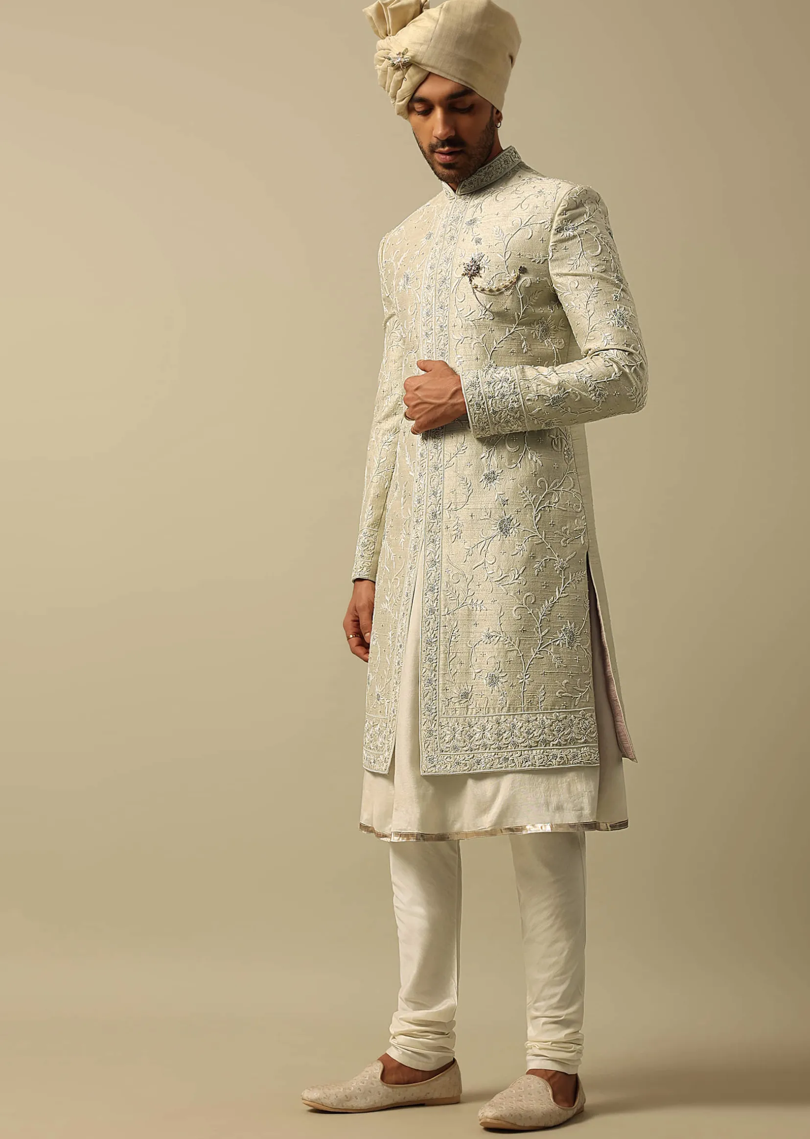 Timeless Green Raw Silk Sherwani