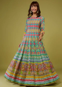 Turq Blue Flared Anarkali Kurti In Silk With Multicolor Print