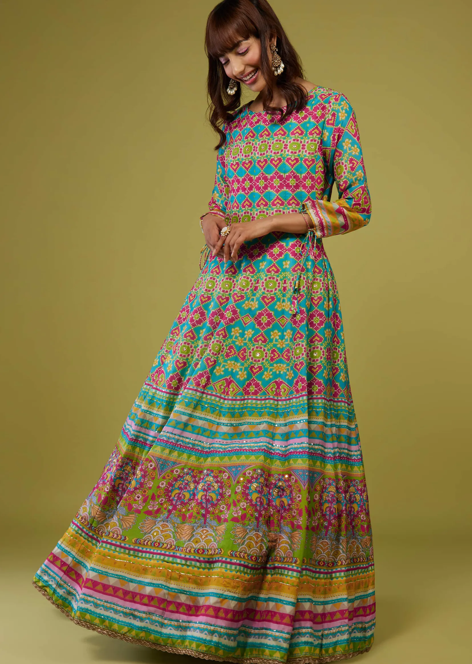 Turq Blue Flared Anarkali Kurti In Silk With Multicolor Print