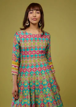 Turq Blue Flared Anarkali Kurti In Silk With Multicolor Print