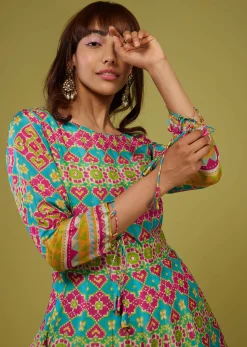 Turq Blue Flared Anarkali Kurti In Silk With Multicolor Print