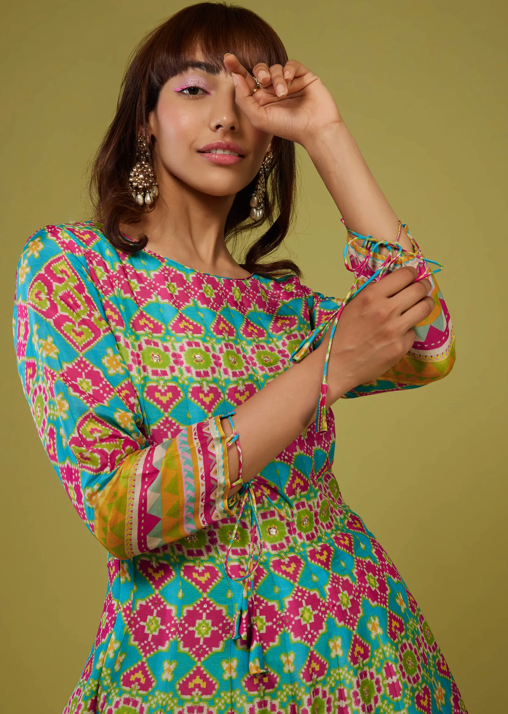 Turq Blue Flared Anarkali Kurti In Silk With Multicolor Print