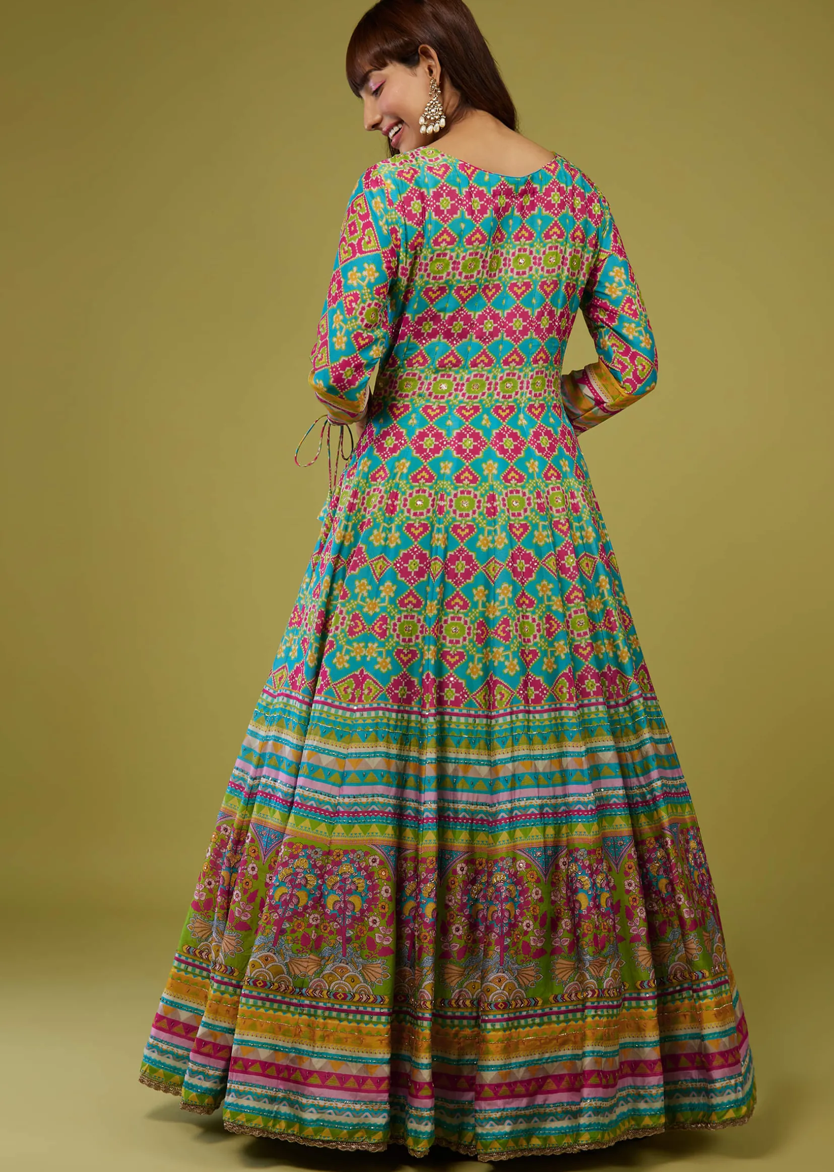 Turq Blue Flared Anarkali Kurti In Silk With Multicolor Print