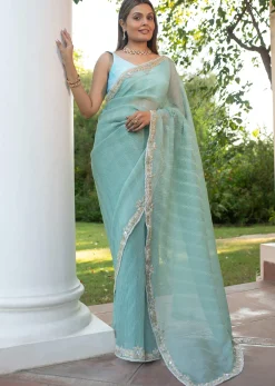 Turquoise Blue Crush Tissue Cutdana Work Saree With Embroidered Border