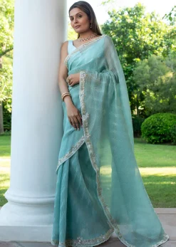 Turquoise Blue Crush Tissue Cutdana Work Saree With Embroidered Border