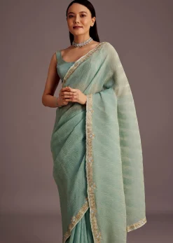 Turquoise Blue Crush Tissue Cutdana Work Saree With Embroidered Border