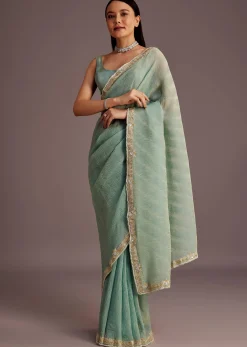 Turquoise Blue Crush Tissue Cutdana Work Saree With Embroidered Border