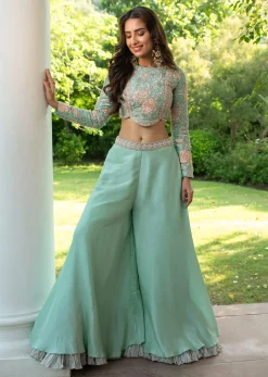 Turquoise Blue Raw Silk Hand Work Palazzo Suit