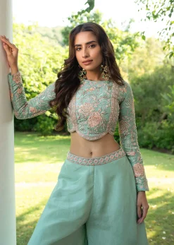 Turquoise Blue Raw Silk Hand Work Palazzo Suit