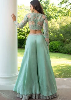 Turquoise Blue Raw Silk Hand Work Palazzo Suit