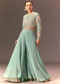 Turquoise Blue Raw Silk Hand Work Palazzo Suit