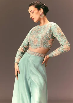 Turquoise Blue Raw Silk Hand Work Palazzo Suit