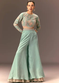 Turquoise Blue Raw Silk Hand Work Palazzo Suit