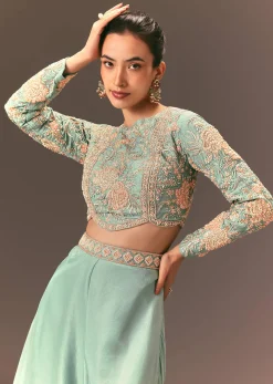 Turquoise Blue Raw Silk Hand Work Palazzo Suit