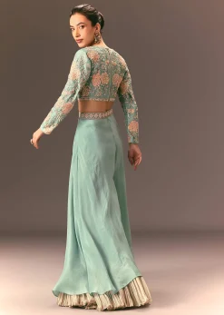 Turquoise Blue Raw Silk Hand Work Palazzo Suit