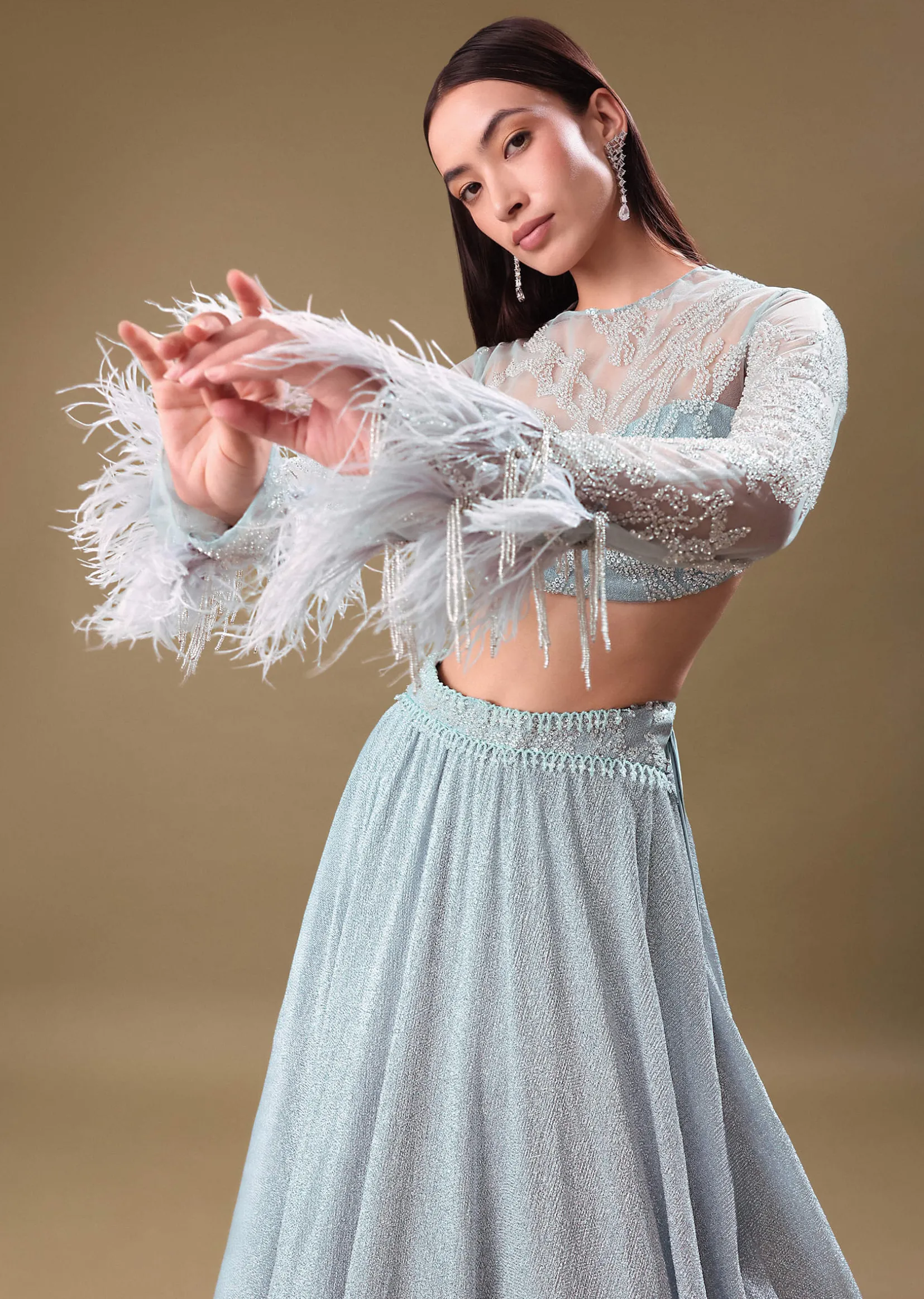 Turquoise Blue Sequin Skirt With Embroidered Blouse