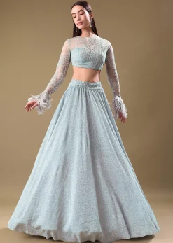 Turquoise Blue Sequin Skirt With Embroidered Blouse