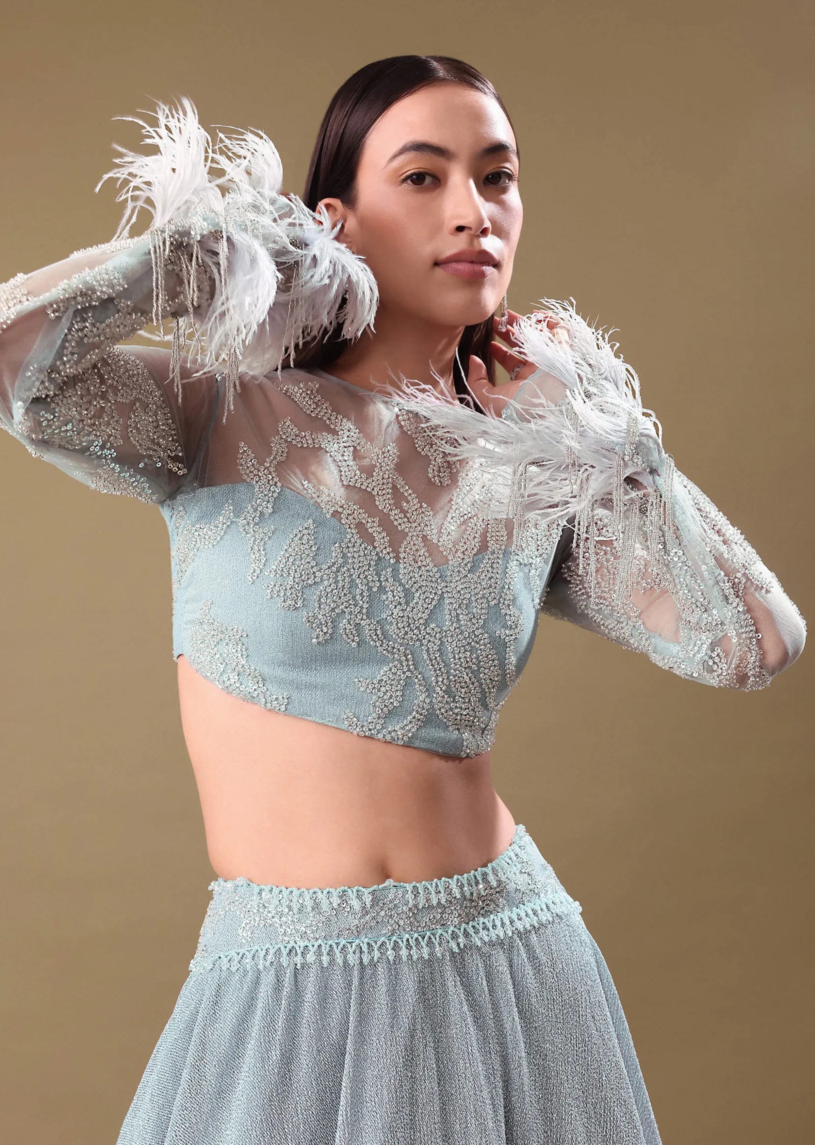 Turquoise Blue Sequin Skirt With Embroidered Blouse
