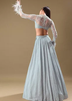 Turquoise Blue Sequin Skirt With Embroidered Blouse