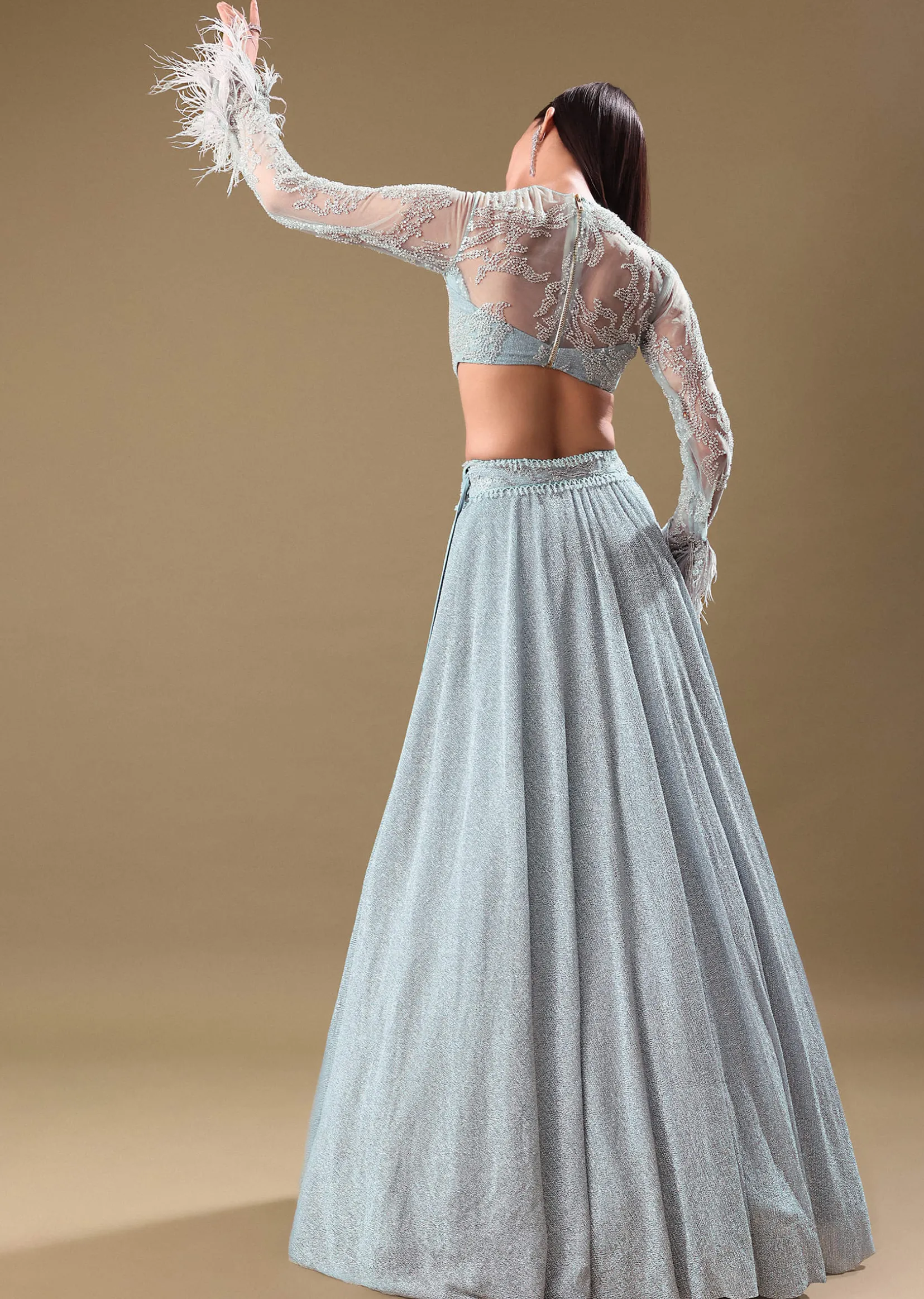 Turquoise Blue Sequin Skirt With Embroidered Blouse