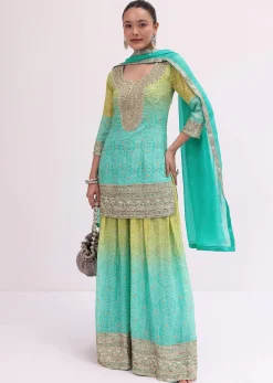 Turquoise Georgette Silk Kurta Palazzo Set