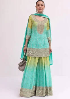 Turquoise Georgette Silk Kurta Palazzo Set