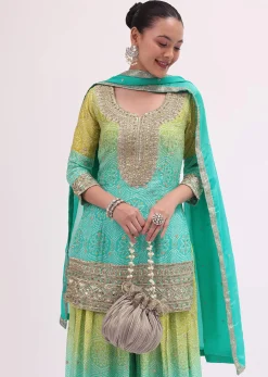 Turquoise Georgette Silk Kurta Palazzo Set