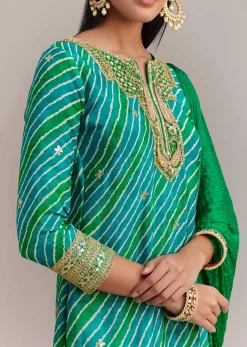 Turquoise Green Chinon Leheriya Embroidered Sharara Set
