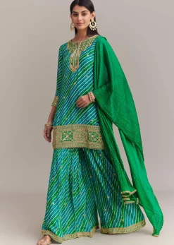 Turquoise Green Chinon Leheriya Embroidered Sharara Set