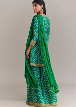 Turquoise Green Chinon Leheriya Embroidered Sharara Set