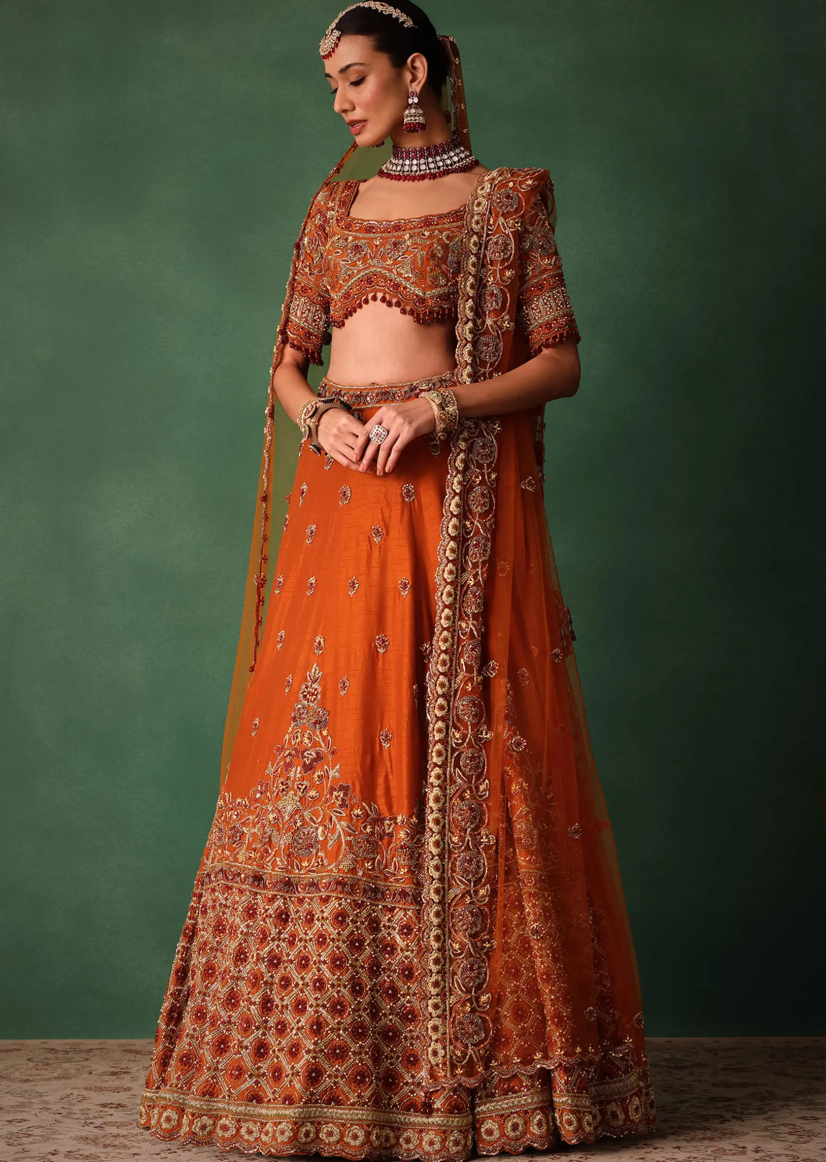 Tussar Orange Embroidered Lehenga With Scoop Neckline Blouse And Dupatta