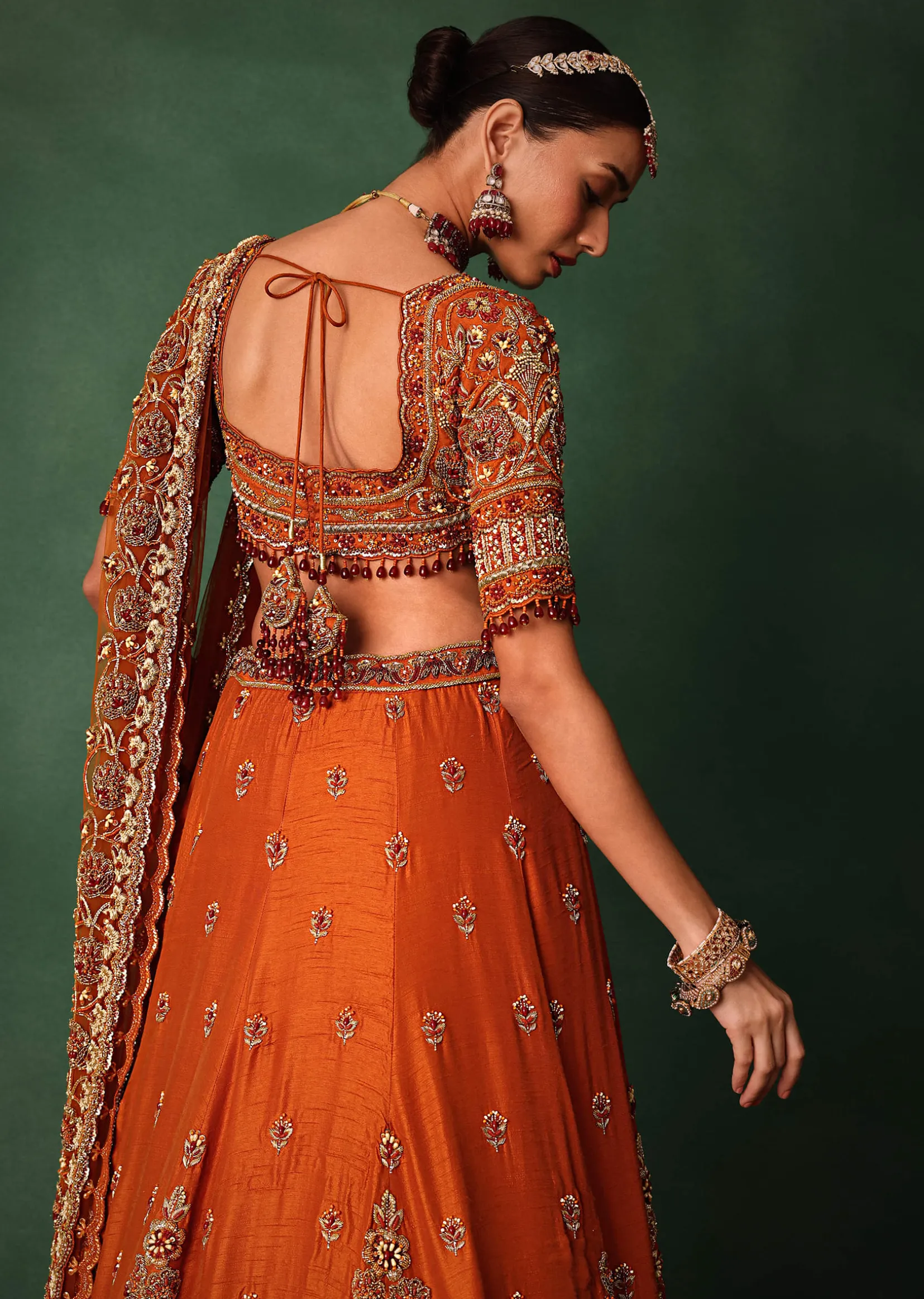 Tussar Orange Embroidered Lehenga With Scoop Neckline Blouse And Dupatta