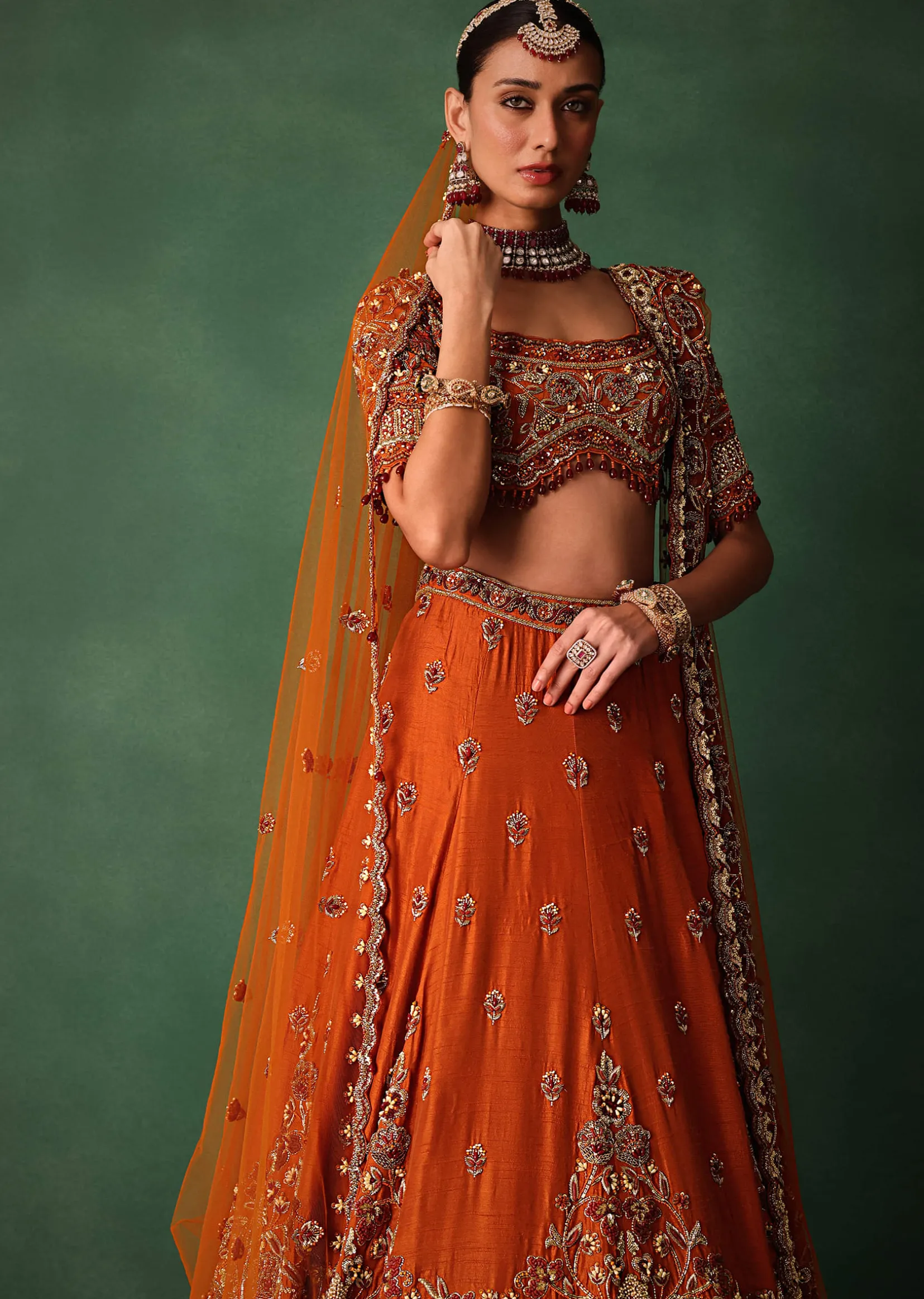 Tussar Orange Embroidered Lehenga With Scoop Neckline Blouse And Dupatta