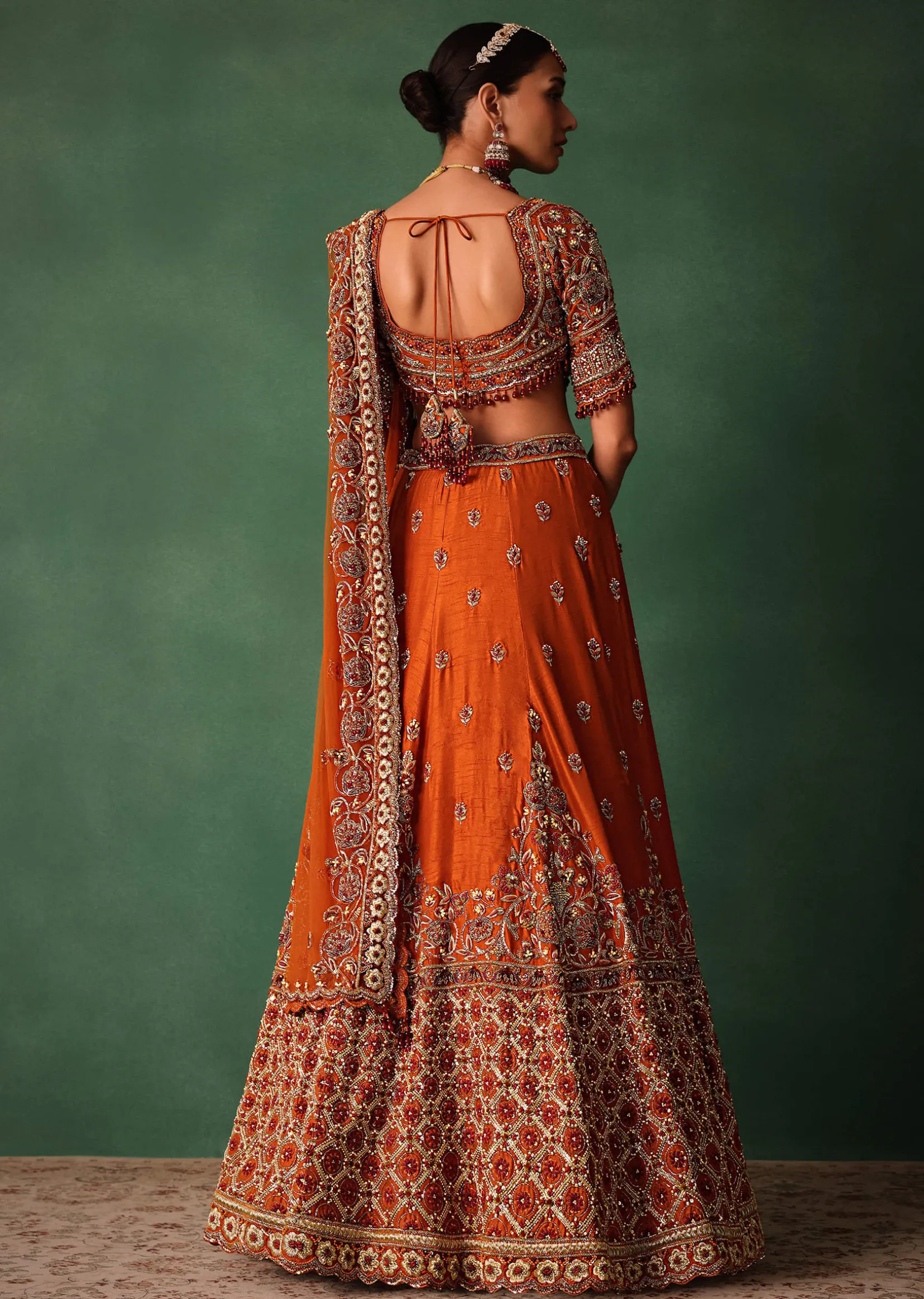 Tussar Orange Embroidered Lehenga With Scoop Neckline Blouse And Dupatta