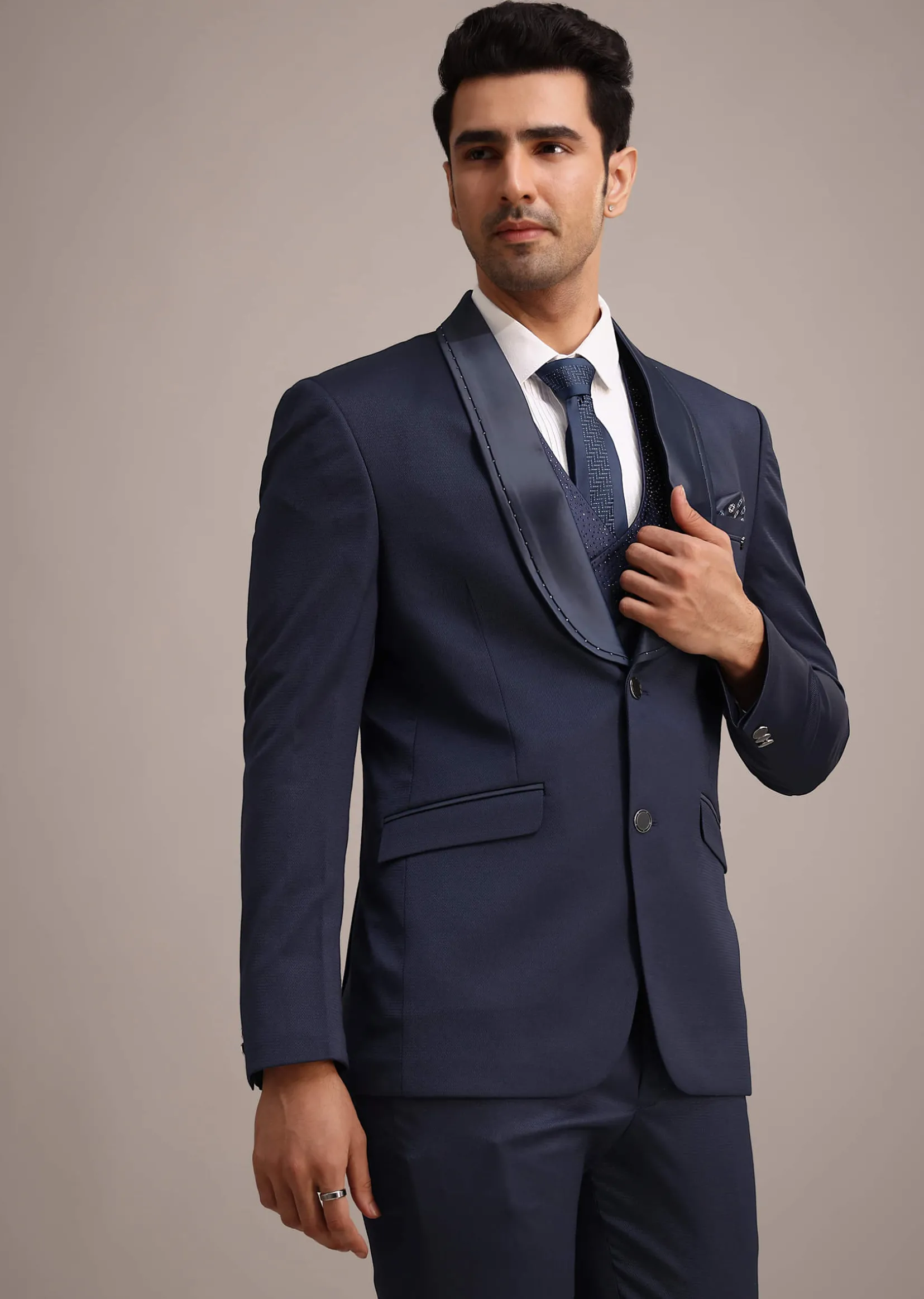 Tuxedo With Intricate Cut Work In Blue