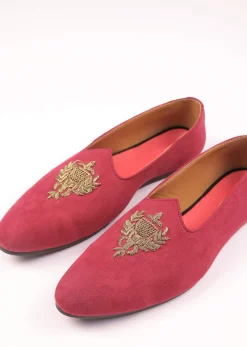 Valentine Red Juttis For Men In Suede With Embroidery